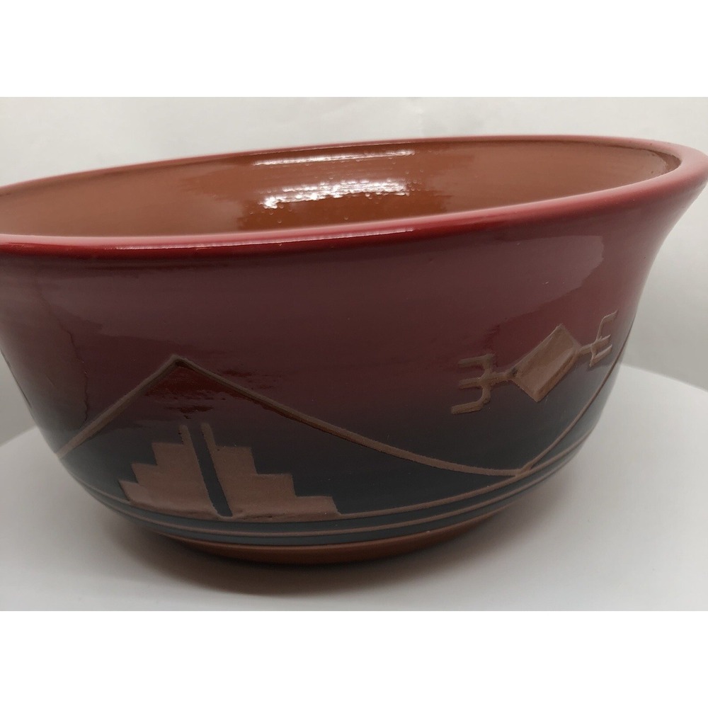Original Art Pottery Native American Traditional Symbols Bowl Artisan Signed Red - Picture 16 of 16